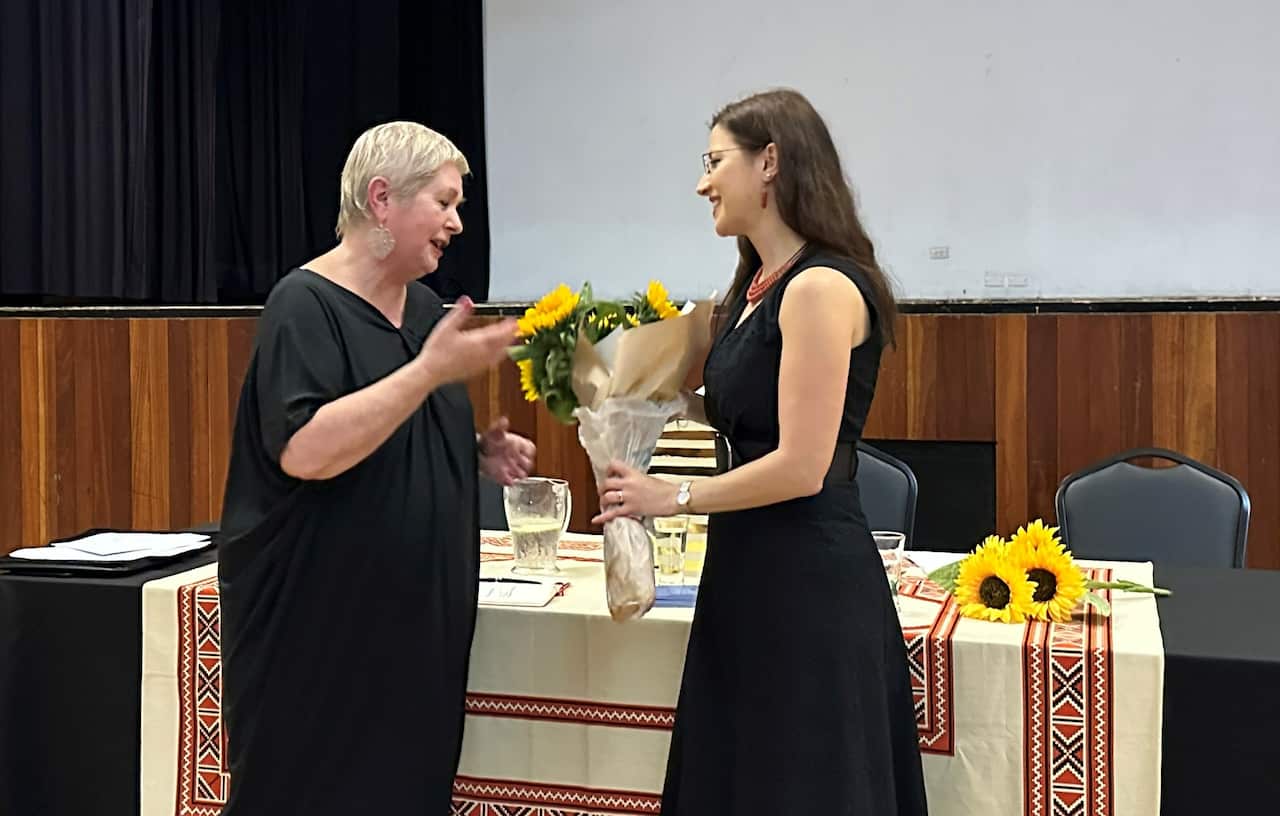 Chair of the Ukrainian Association in Victoria Tetyana Zachariak and Dr Olesya Кhromeychuk, Ukrainian House, Essendon. (2).jpg