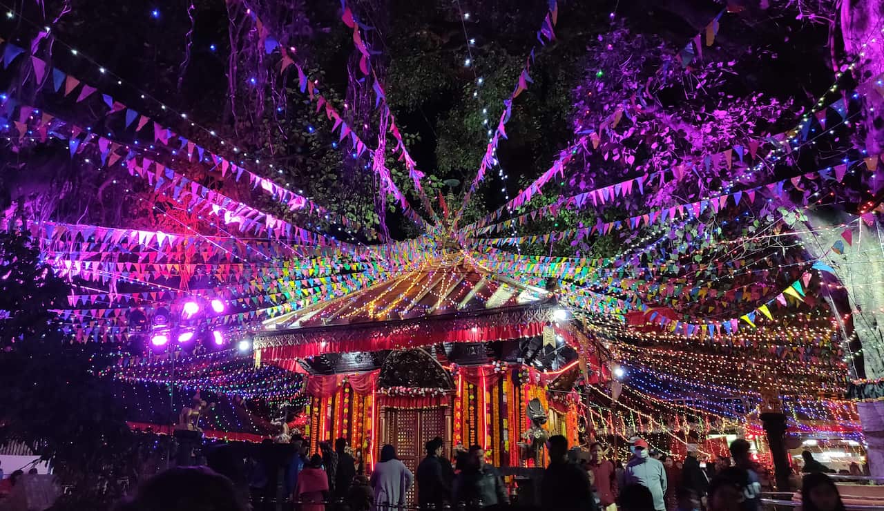 Tihar decorations at a temple in Maitidevi, Kathmandu, Nepal.