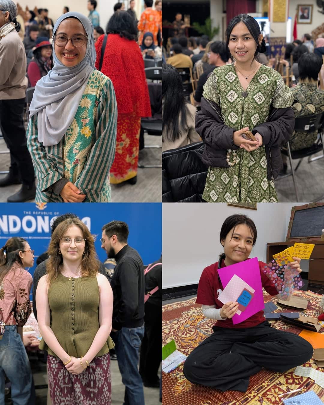 Attendees and organisers at Nusantara in Melbourne 2026 at KJRI Melbourne. Clockwise from top left_ AIYA Victoria organiser Ahimsa Swadeshi, audience member Tia Ragat, zine coordinator Nathania Mirandini, and audien.jpg