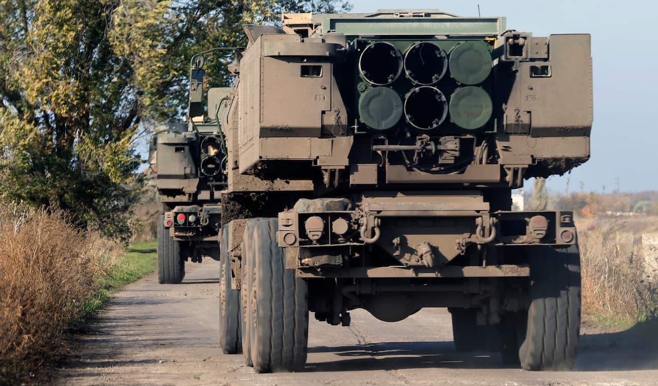 A US-provided HIMARS moves in Kherson.