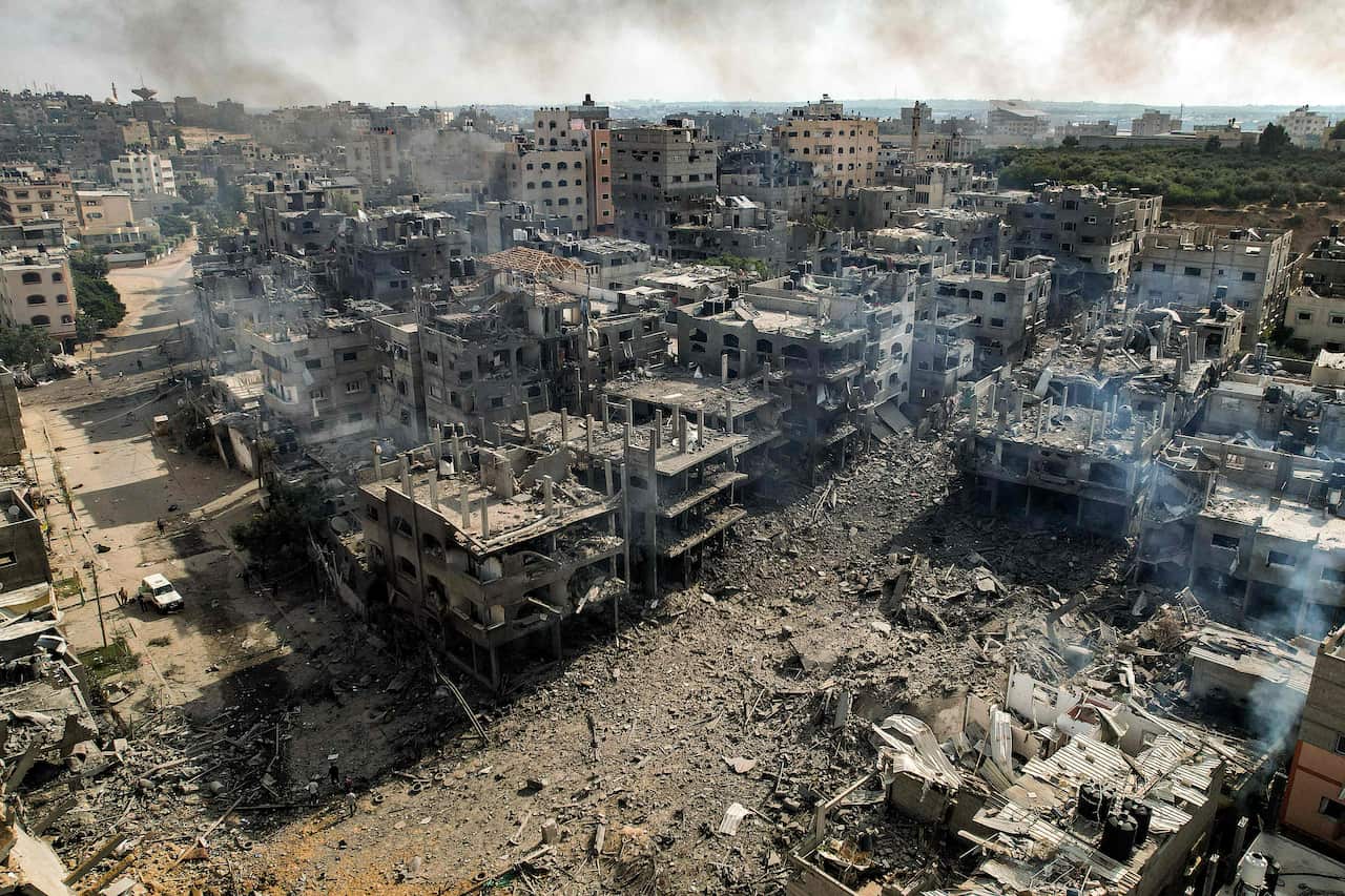 An aerial view of buildings destroyed in the airstrike