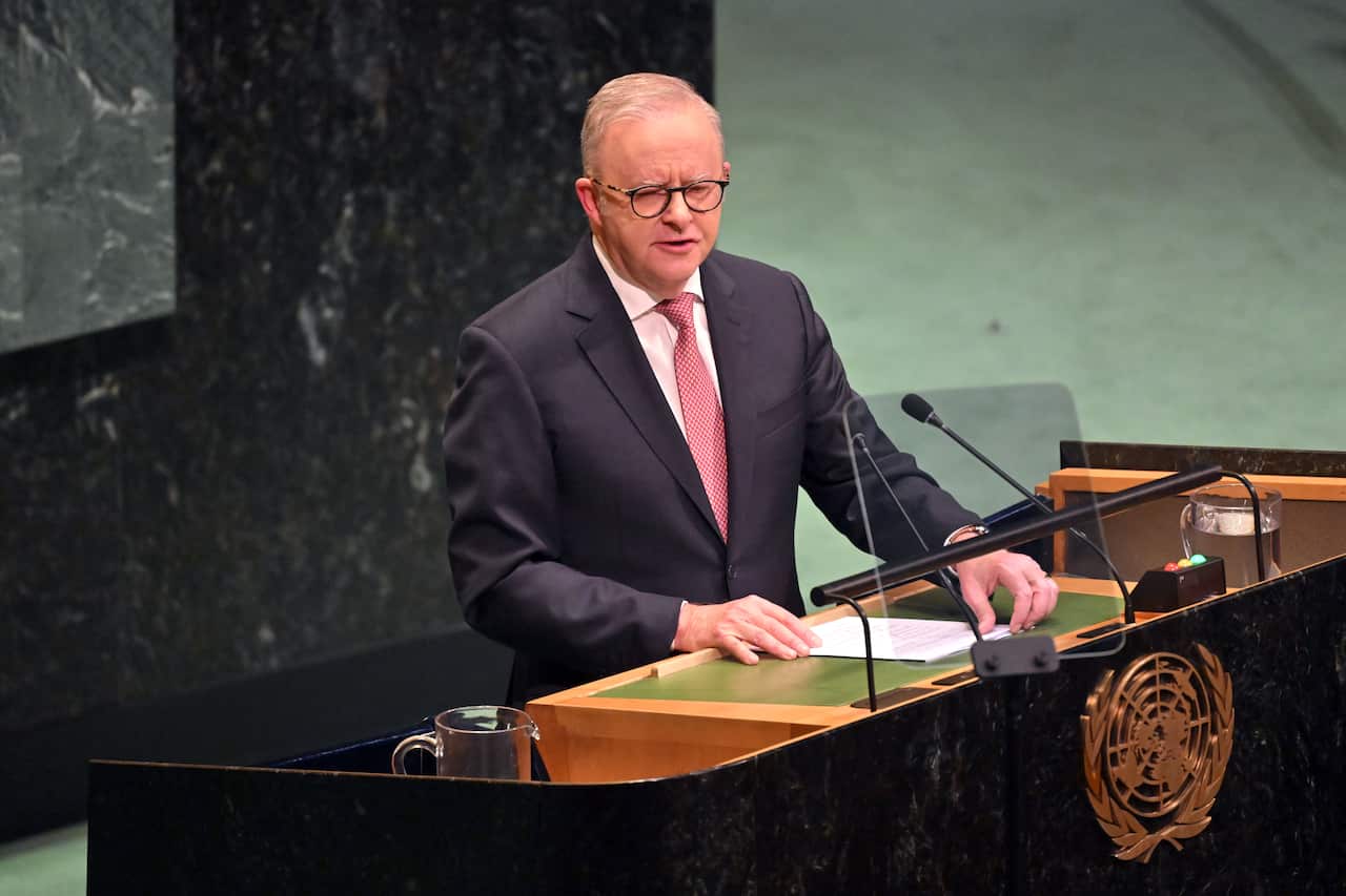Prime Minister Anthony Albanese speaks at a podium in the United Nations headquarters.