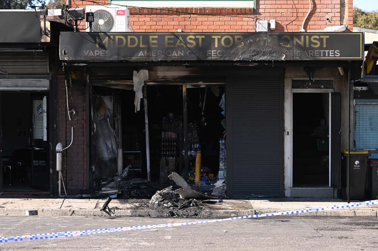 A burned-out tobacco store in Melbourne.