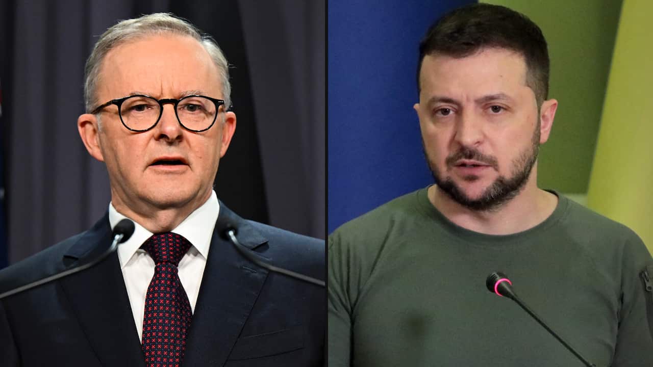 A split image featuring Prime Minister Anthony Albanese on left and Ukrainian President Volodymyr Zelenskyy on right.