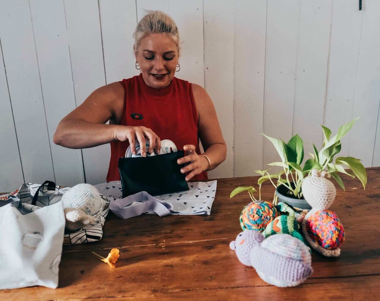 Cindy packing kits at home.