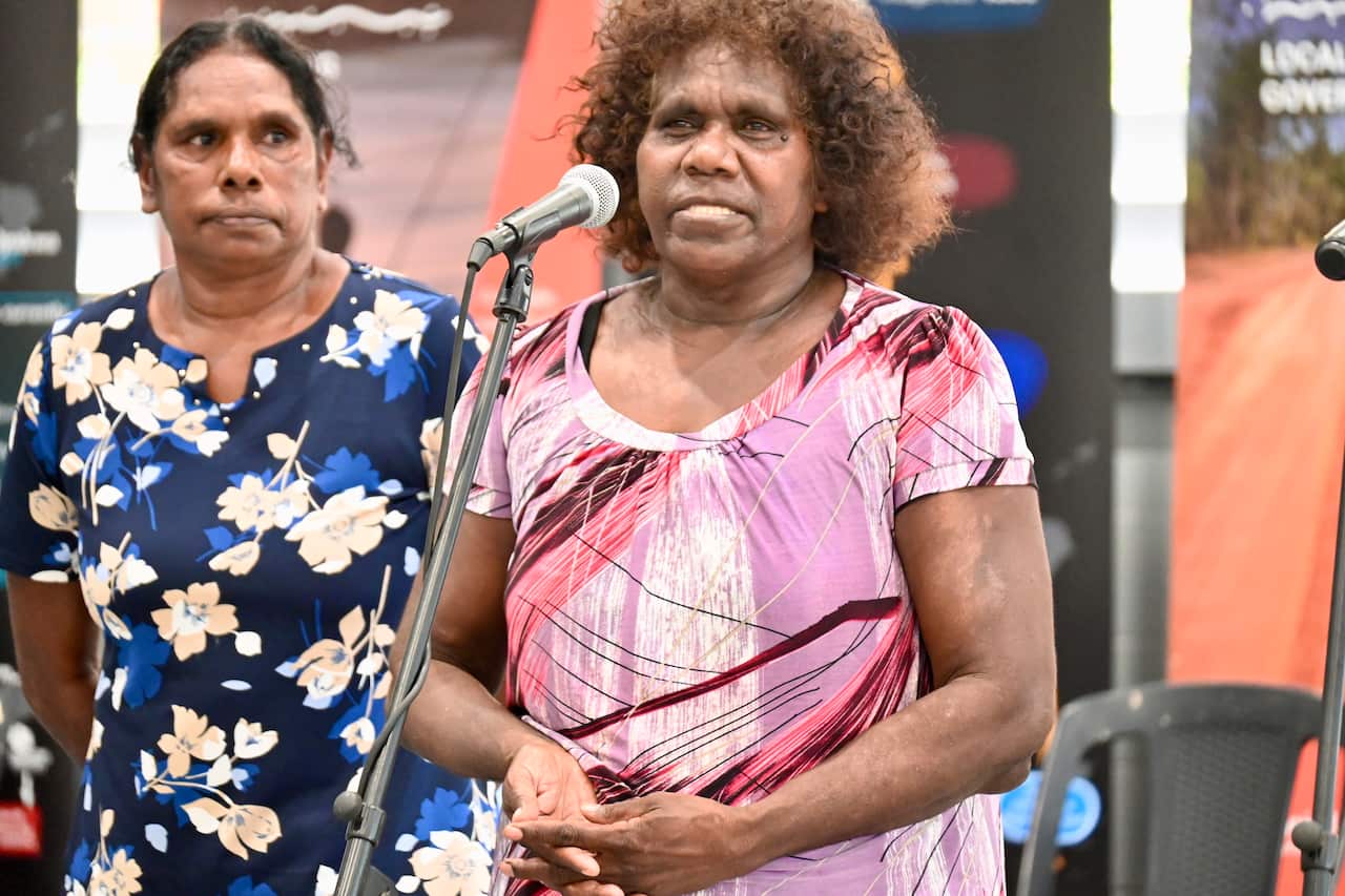 Members of the Anindilyakwa Community Justice Group Danjibana Noeleen Lalara and Naomi Wurramarra in Angurugu