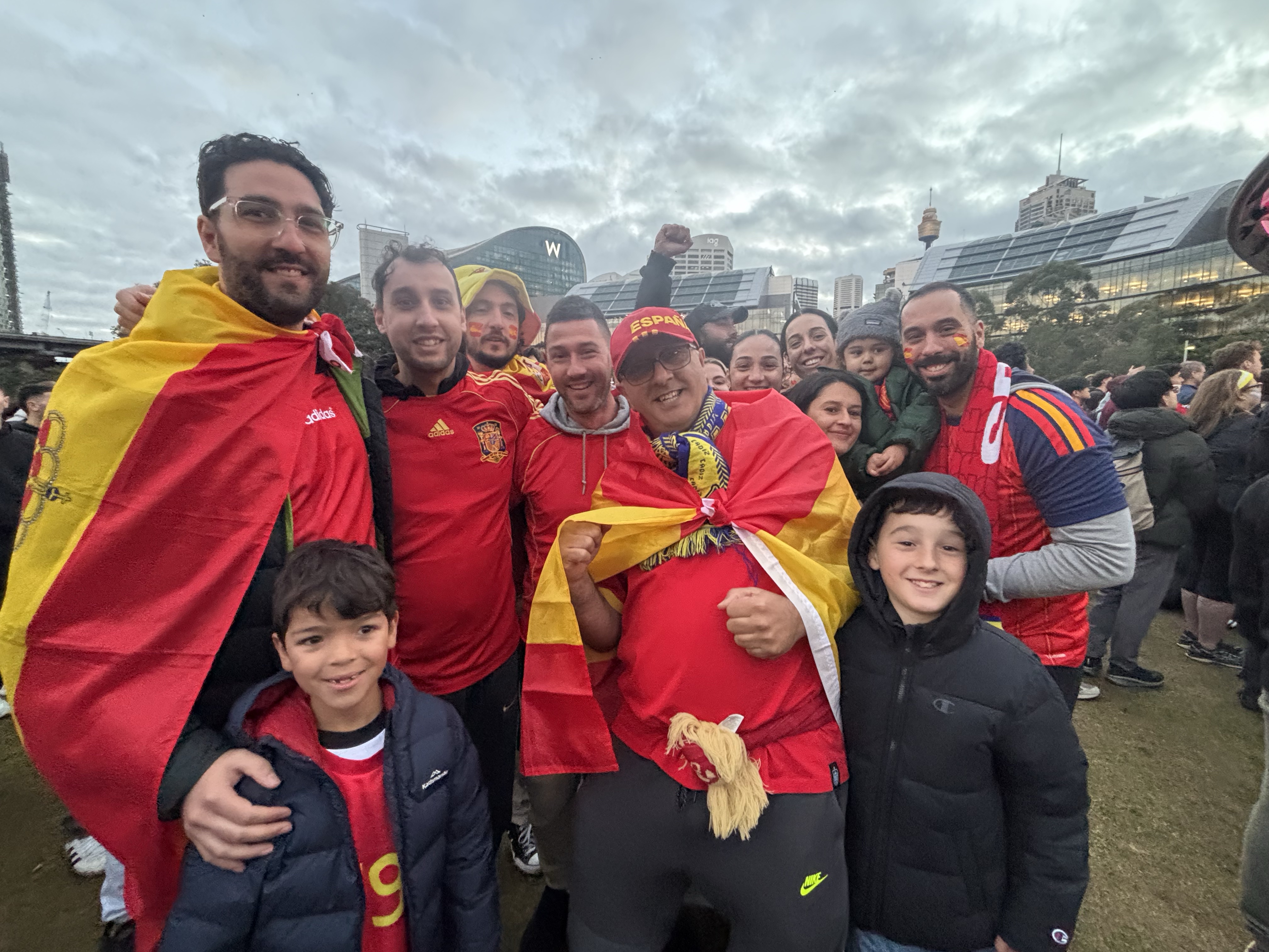 A photo of Spain supporters in Sydney during the World Cup 2026 final.