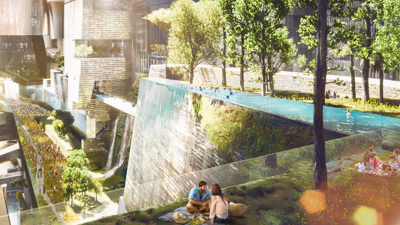 A futuristic cityscape shows people enjoying a picnic in lush gardens and swimming in an outdoor pool