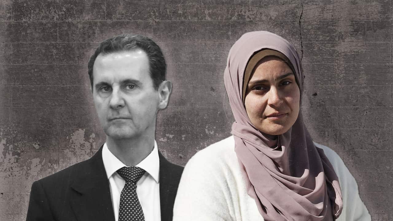 On a grey background are two figures. One is former Syrian president Bashar al-Assad in black and white. The other is a women wearing a lilac hijab, looking directly into the camera with a neutral expression. 
