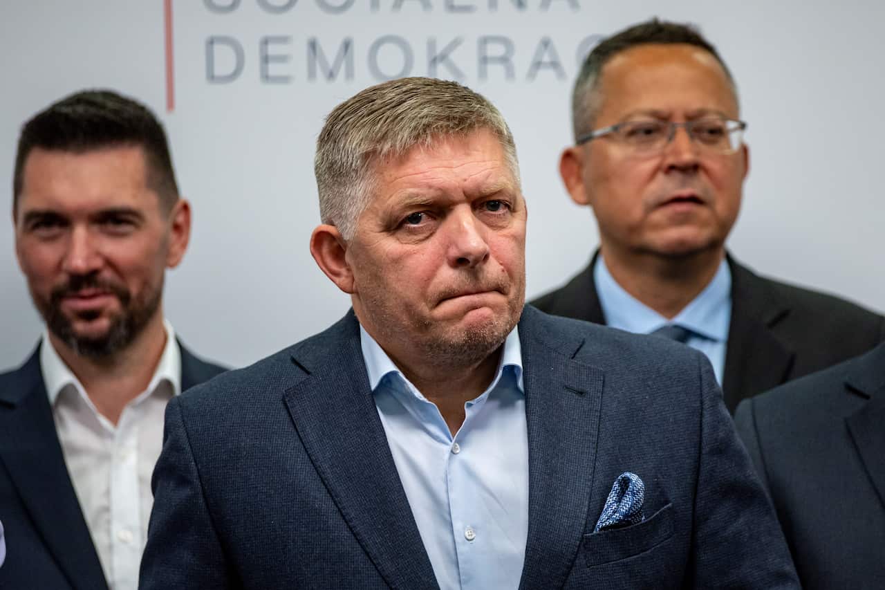 Leader of Slovakia's SMER-SSD party Robert Fico talks to the press.