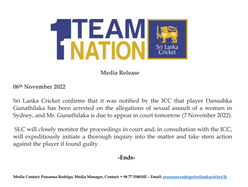 Media release - Dhanushka Gunathilaka