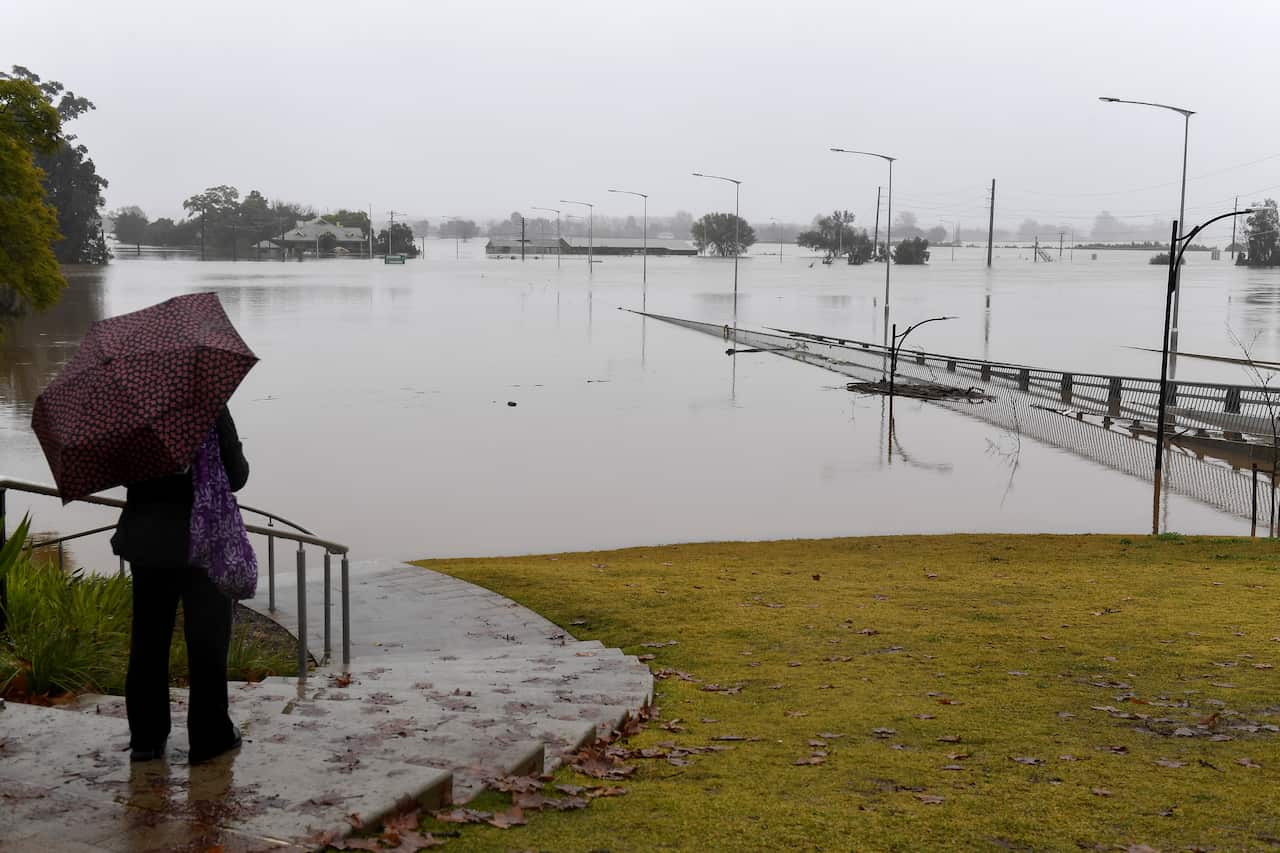 A woman with an umbrella stands looking at a swollen river.