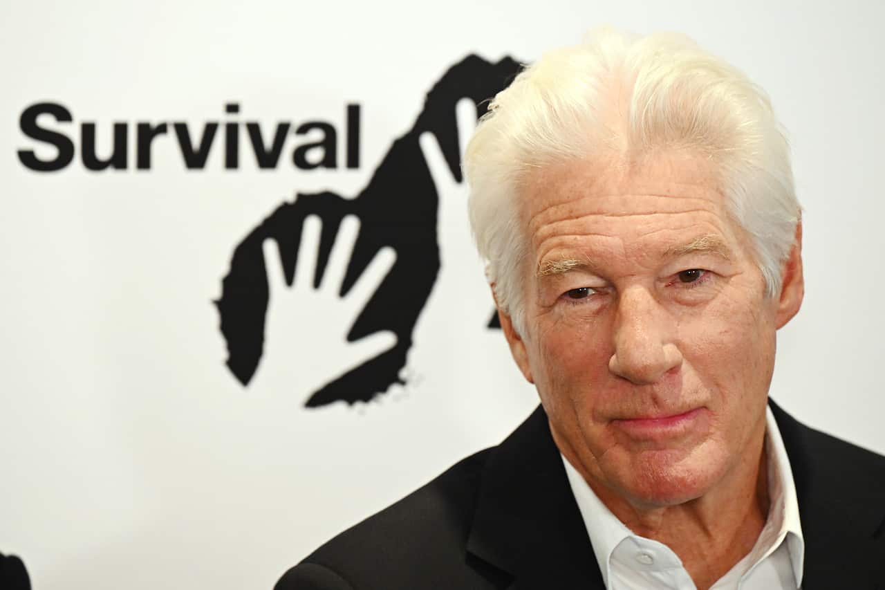 Actor Richard Gere speaks at a press conference about uncontacted Indigenous people.