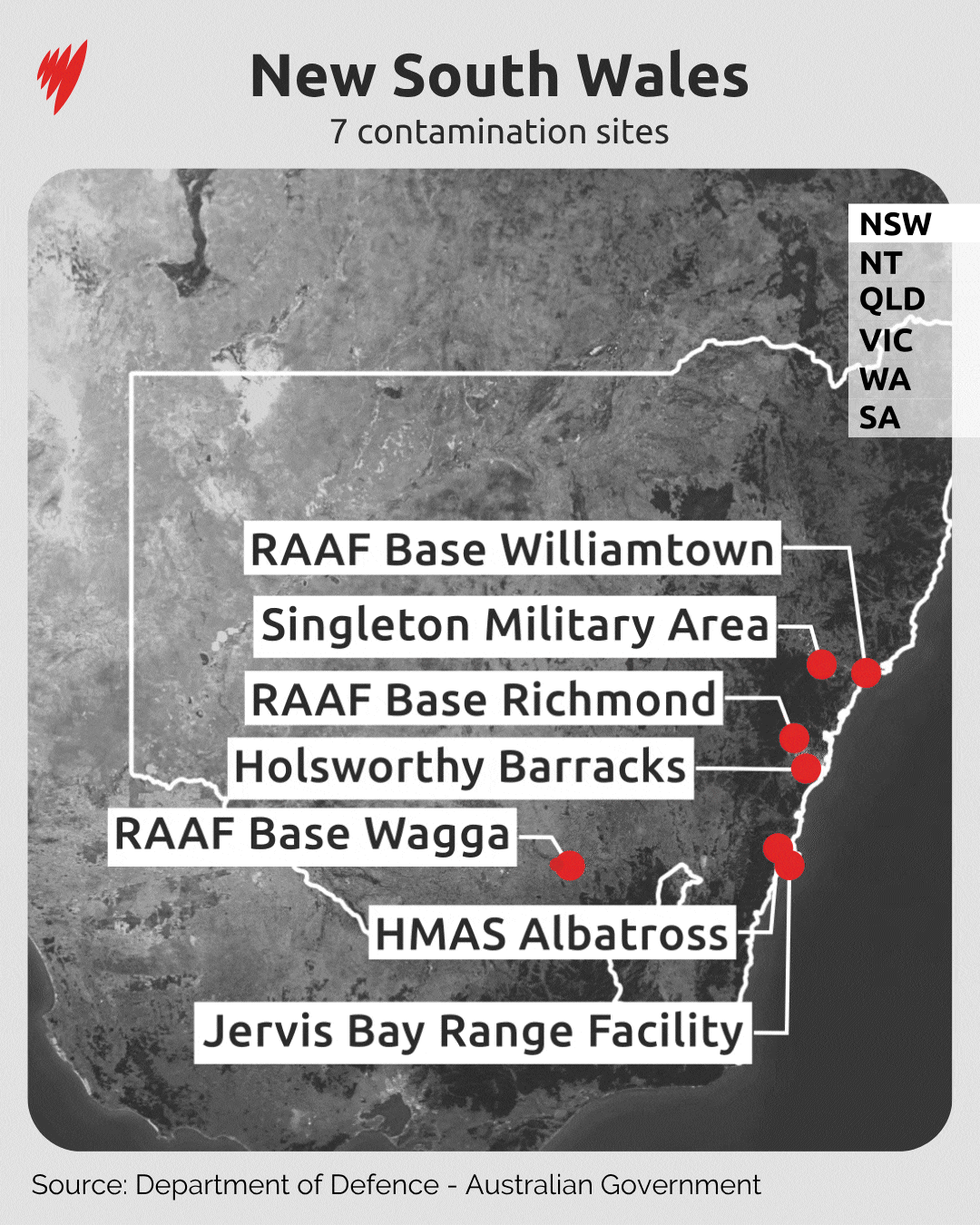 A gif showing defence sites impacted by PFAS chemicals