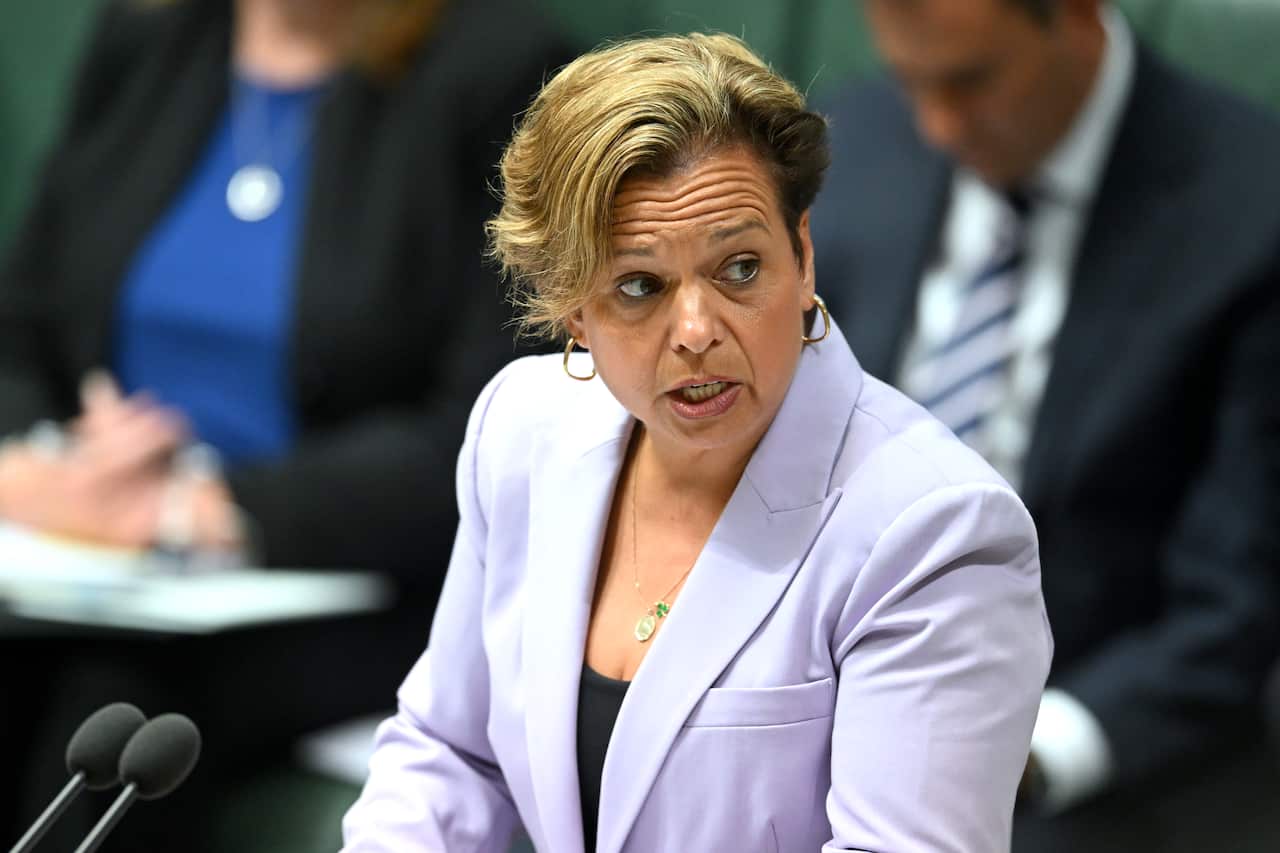 A woman with short hair, wearing a lavender blazer, speaks in parliament.