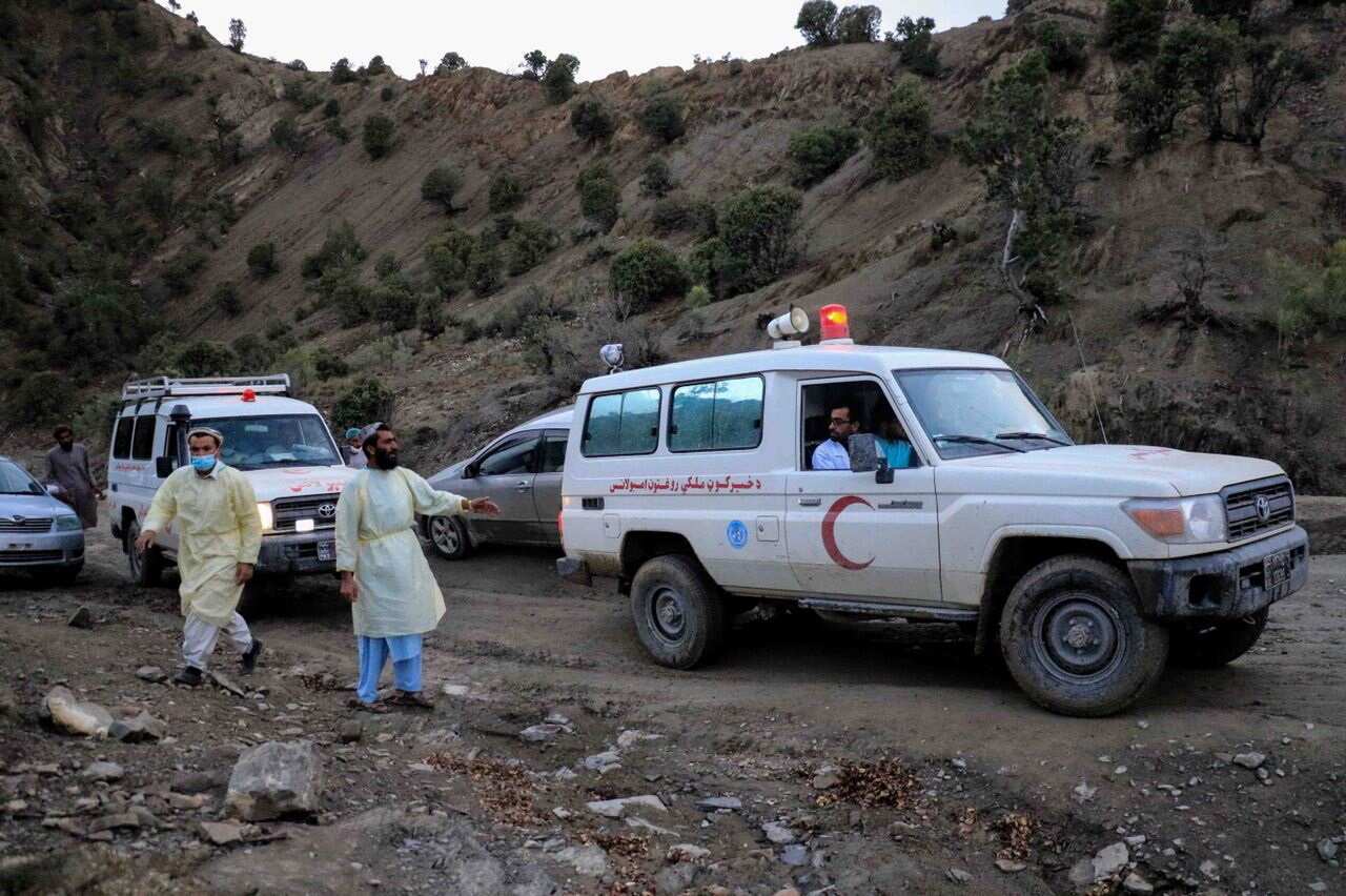 An ambulance transports victims of earthquake in Gayan village in Paktia province. 