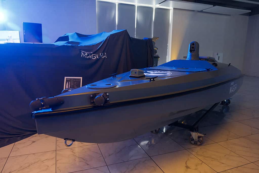 A grey drone shaped like a boat