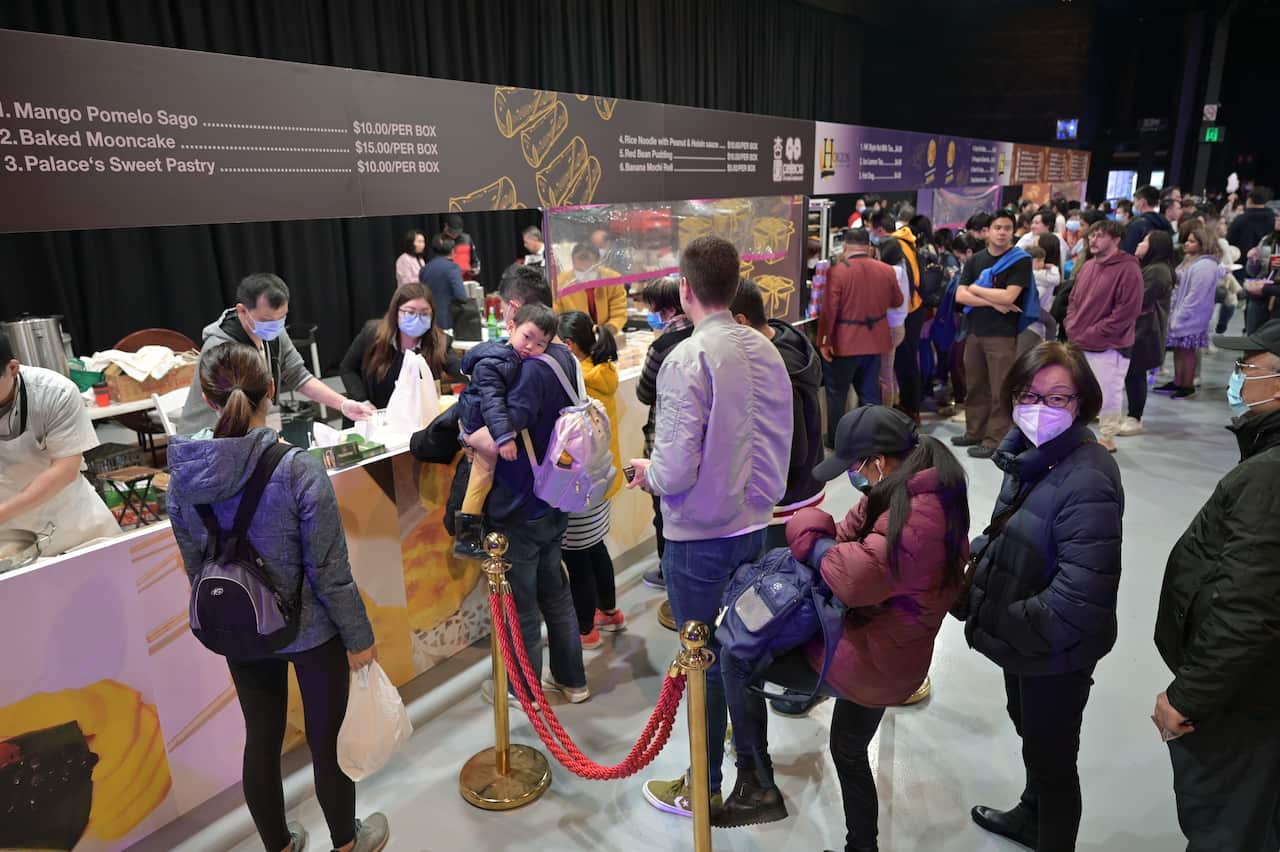 People queuing up for food at Experience Hong Kong event in Sydney on Saturday, August 27, 2022.
