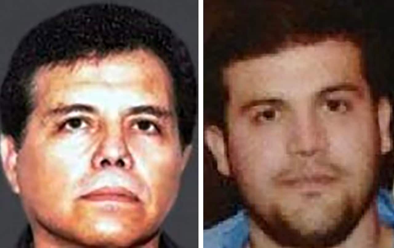 A composite of two mugshots. Both men have dark hair. One has a beard.