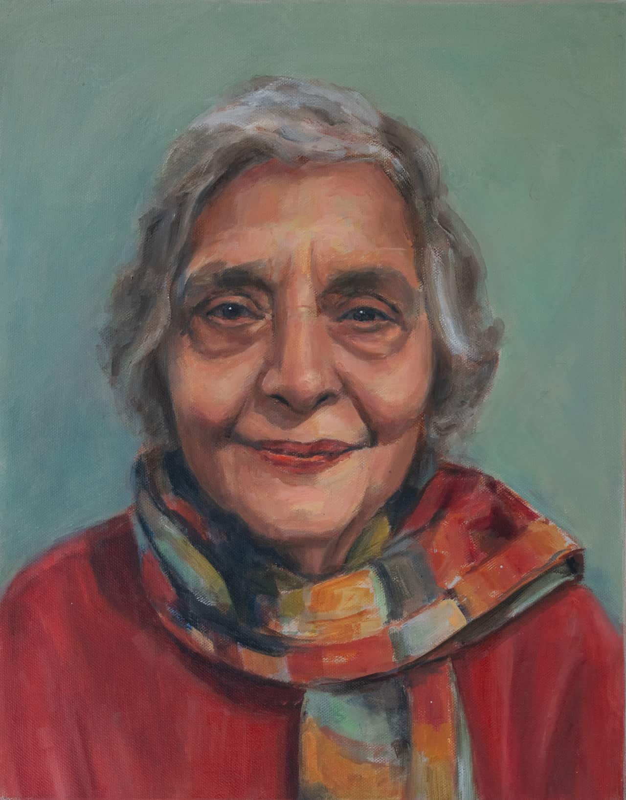 A painting of a mature woman in a red jumper and scarf.