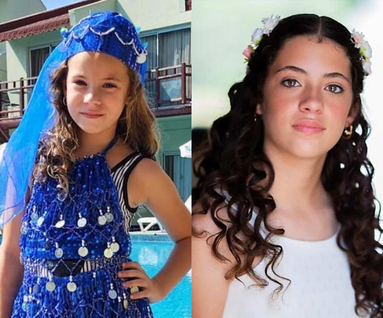 A collage shows photos of two girls: on the right, a headshot of a teenage girl with long dark hair, and on the left, an 8-year-old girl wearing a blue dress and a cone hat with veil 