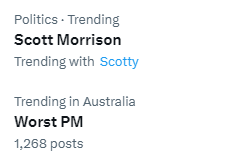 A screenshot depicting Scott Morrison and Worst PM trending on Twitter