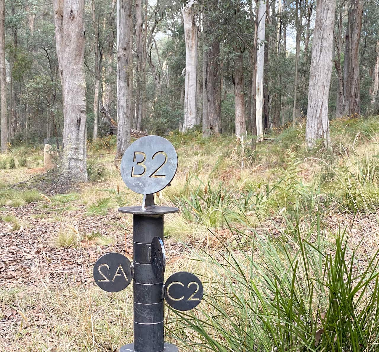 A black metal pole with markings A2, B2 and C2, in Australian bushland.