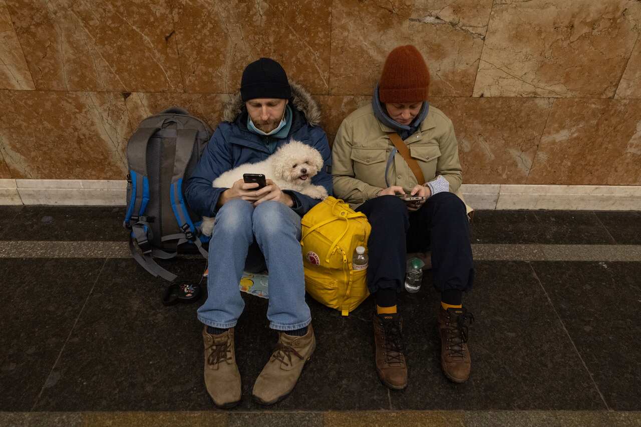 People shelter with their dog in a subway station before a curfew comes into effect in Kyiv