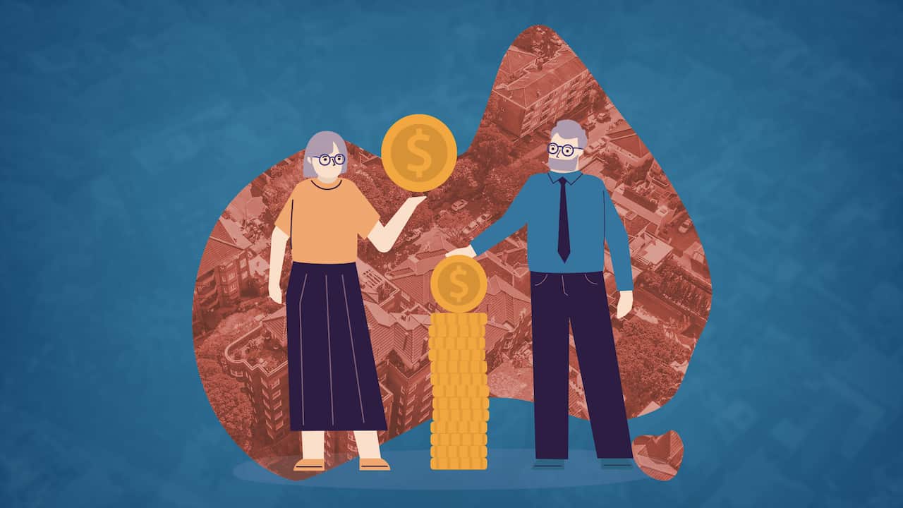 An illustration showing an older couple holding large coin against a background of residential buildings