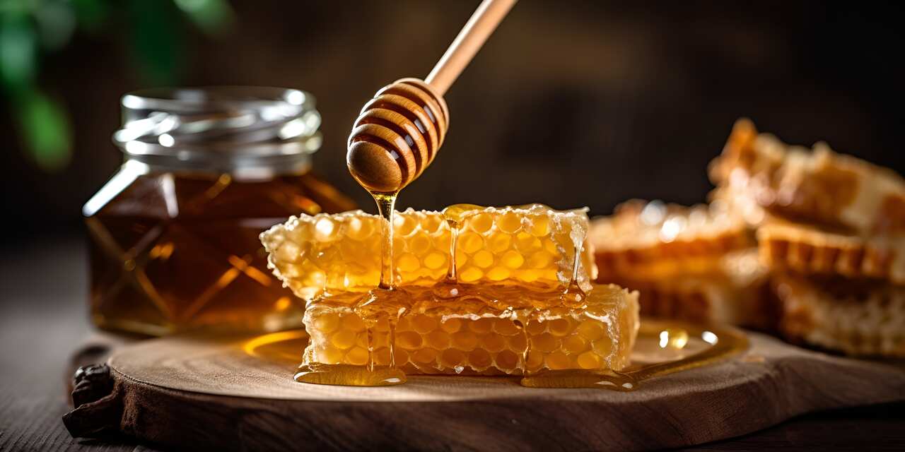honey pouring from the stick onto the honeycomb, the concept of fresh bee honey is good for health. Generative AI