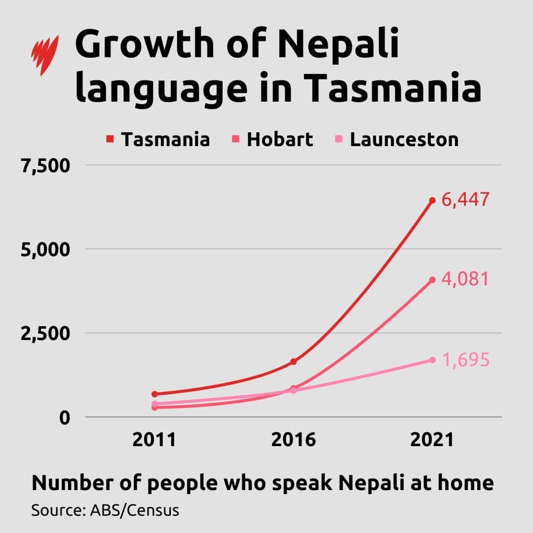 A graph showing growth of Nepali language in Tasmania, Hobart and Launceston
