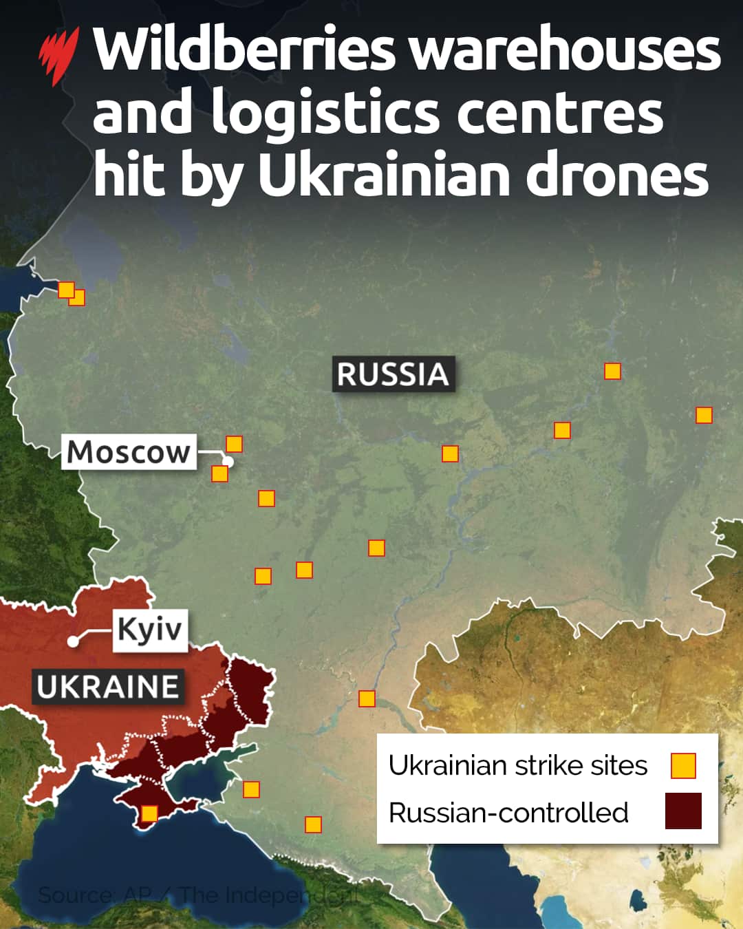 Map showing Wildberries warehouses and logistics centres across Russia targeted by Ukrainian drone strikes. Yellow squares mark reported Ukrainian strike sites, including locations around Moscow and deep inside Russia. Ukraine and Russian-controlled territory are also identified.