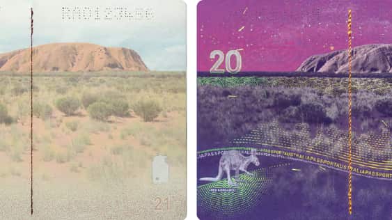 Two images. On the left is a picture of Uluru and scrub, on the right is Uluru at night and a kangaroo superimposed in the foreground.