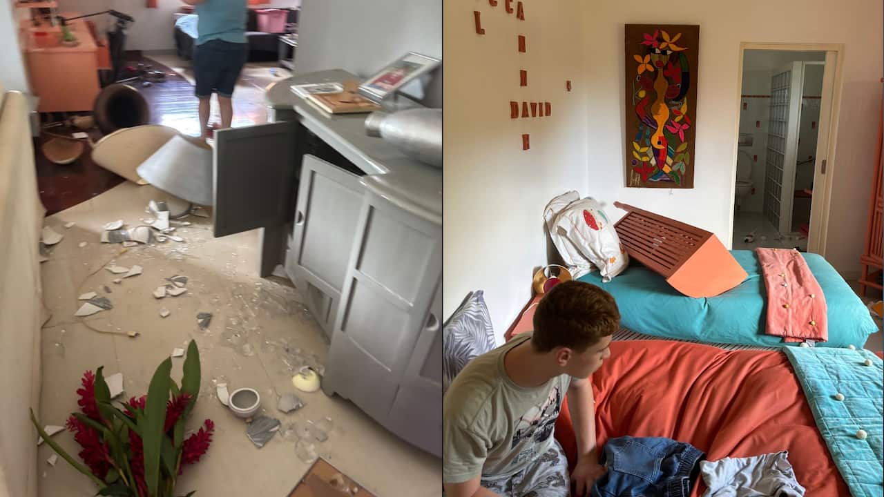 Two composite images showing damage in an apartment after an earthquake