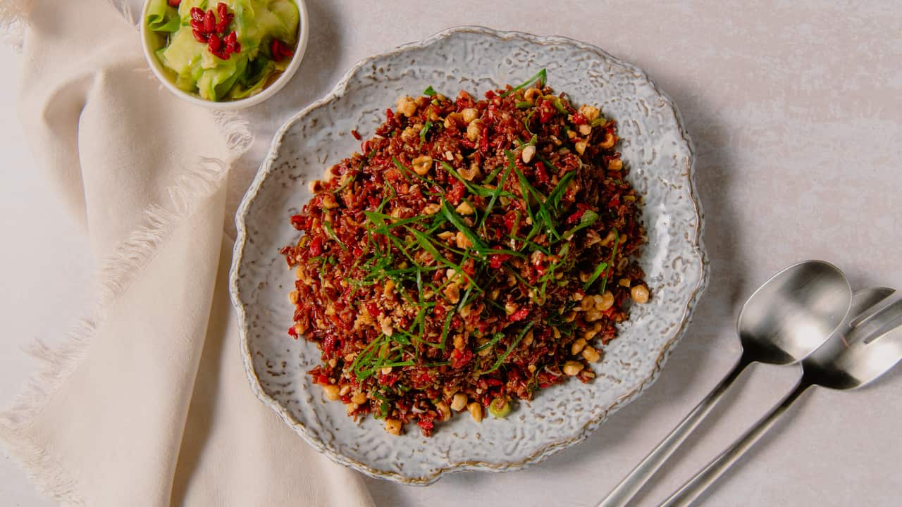 Bhutanese red rice with mum’s cucumber pickle