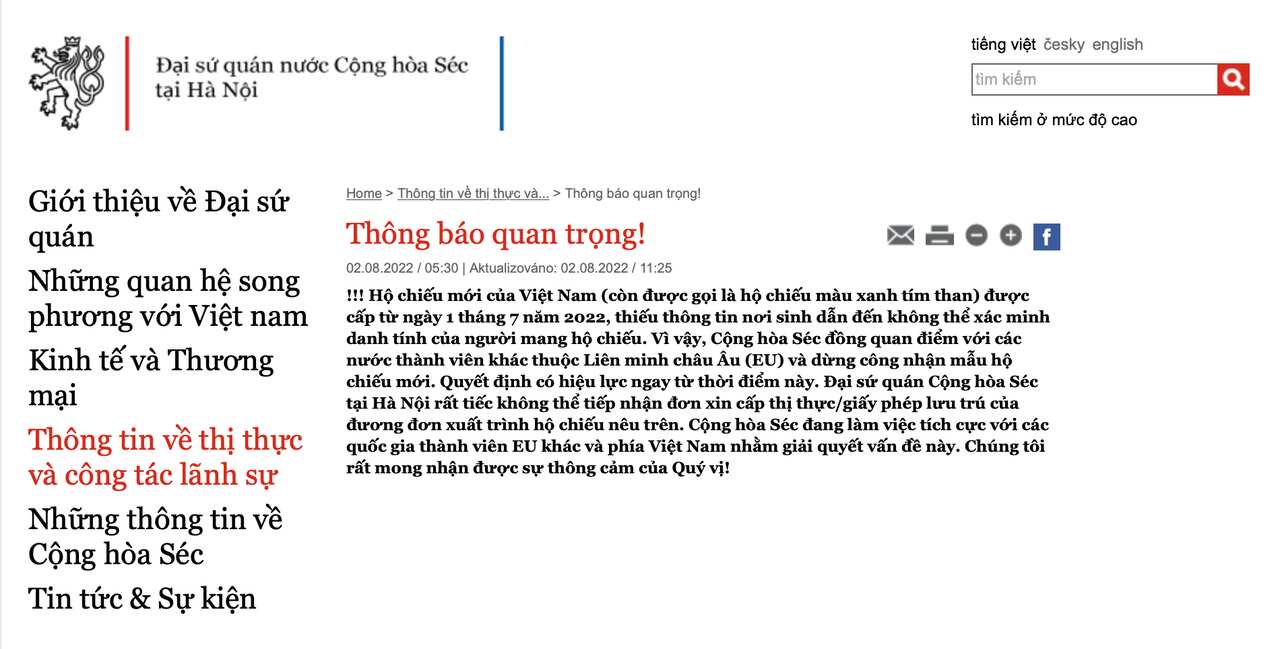 Thông báo trên trang mạng của Đại sứ quán Cộng hoà Séc tại Hà Nội.