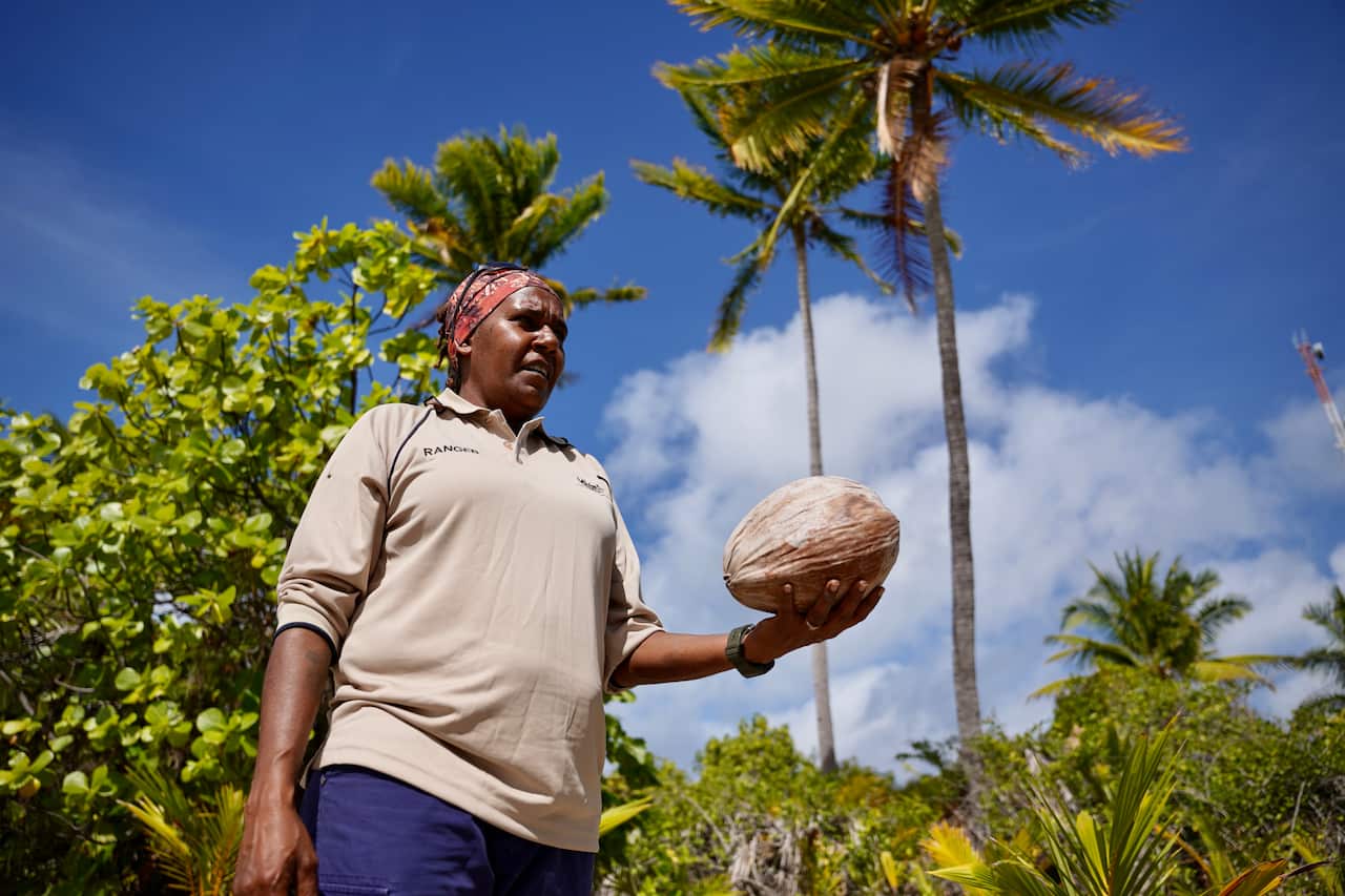 A Torres Strait Islander woman wearing a taupe shirt, stands in the midday sun holding a large coconut.