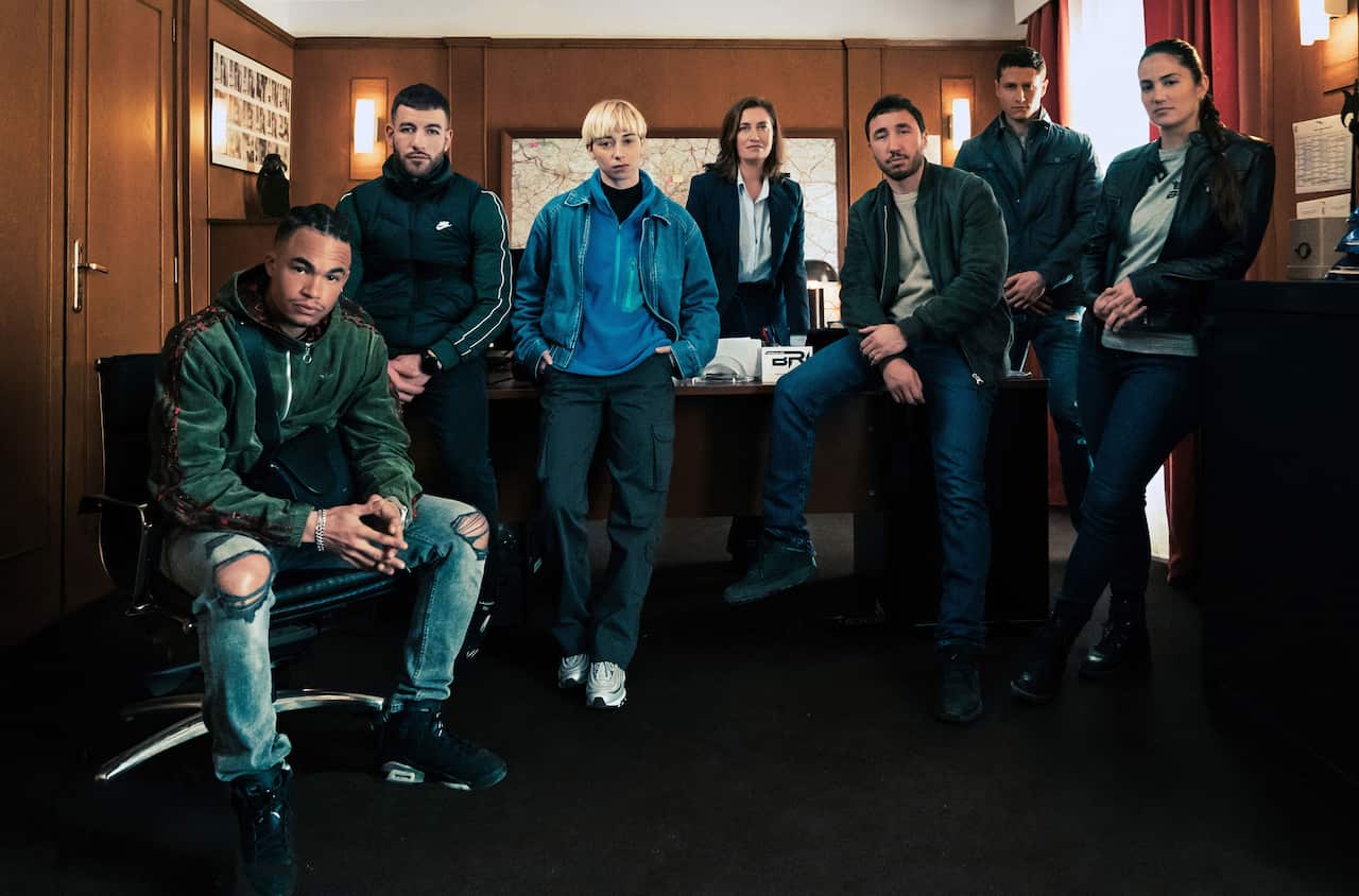 The cast of 'The Brigade' season 2. L-R: Theo CHRISTINE (Socrate), Rabah NAIT OUFELLA (Badri), Léa CATANIA (Jill), Emmanuelle DEVOS (Ferracci), Sofian KHAMMES (Said), Waël SERSOUB (Julien), Ophélie BAU (Vanessa).