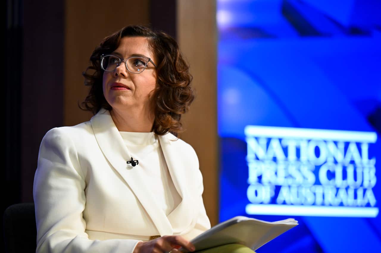 Amanda Rishworth sitting at the National Press Club