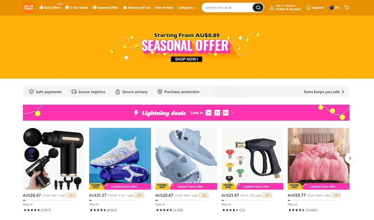 Screenshot of Temu website