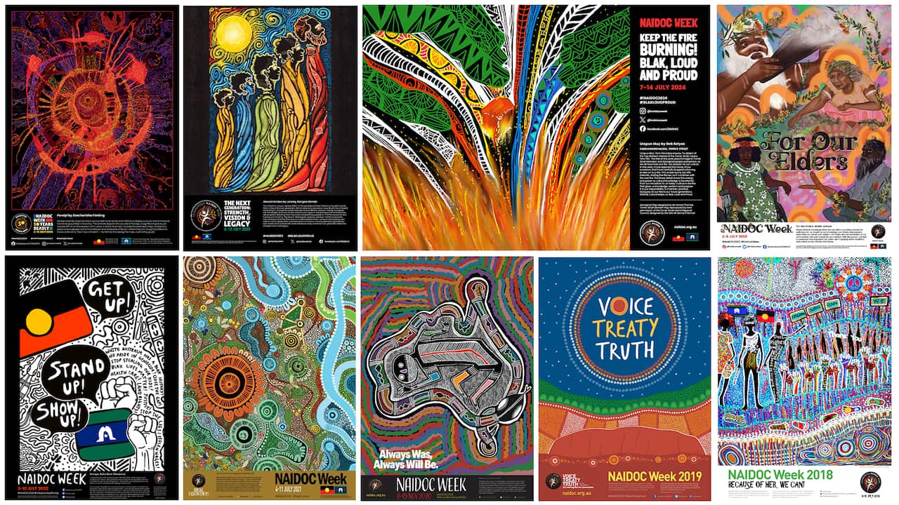 A collection of NAIDOC Week posters spanning from 2018 to 2026. They are colourful