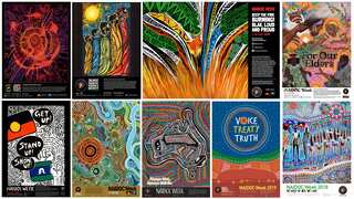 A collection of NAIDOC Week posters spanning from 2018 to 2026. They are colourful