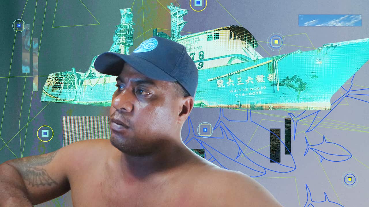 A man wearing a cap. A graphically altered boat is in the background.