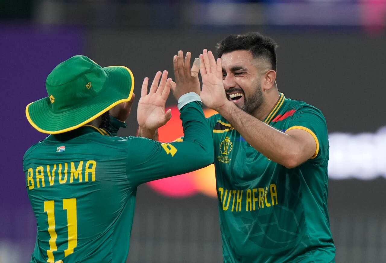 South Africa's Tabraiz Shamshi celebrates during the ICC Men's Cricket World Cup match against Pakistan in Chennai, India on Friday, 27 October 2023. 