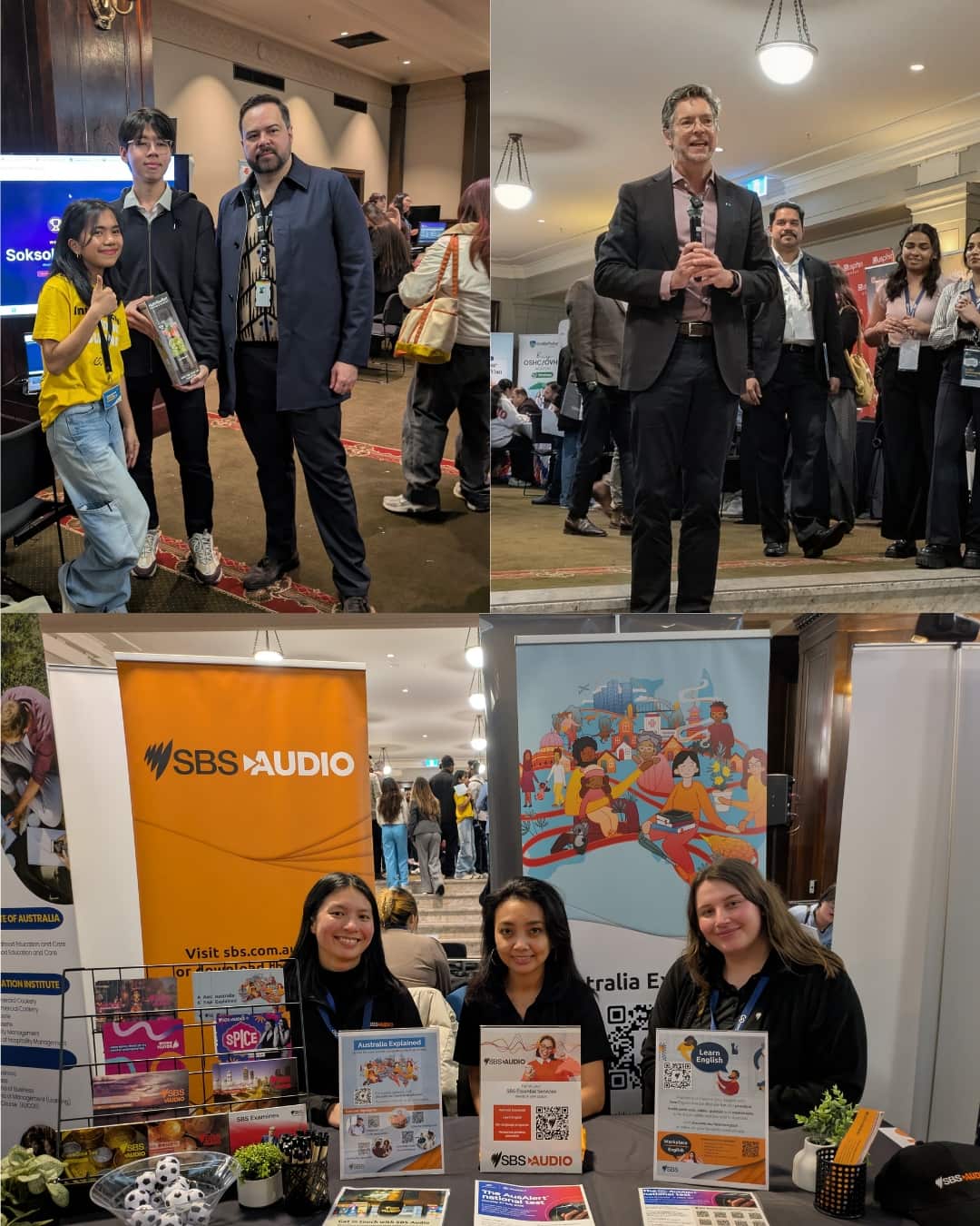 Top (L-R): Melbourne City Councillor Rafael Camillo with students Lord Mayor Nicholas Reece addressing attendees. Bottom: The SBS booth and staff at the International Student Summit 2026, Melbourne Town Hall.