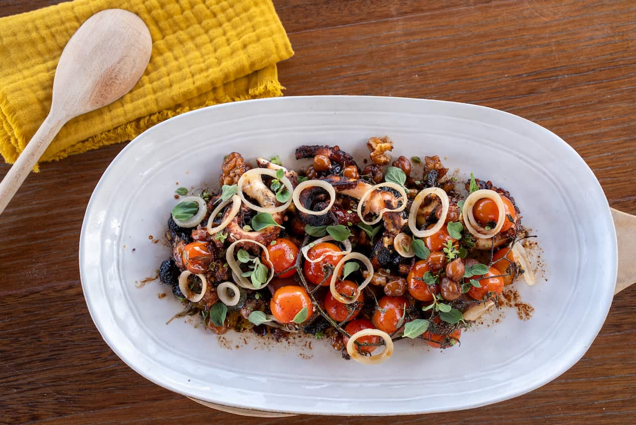 Red wine braised octopus and sweet spices (Stuffat tal quarnit) 