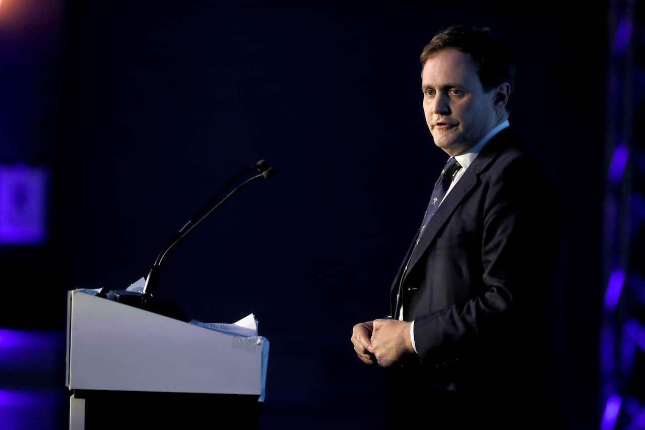 Tom Tugendhat speaks at the Ulster Unionist Party conference in Belfast on 9 October 2021.  