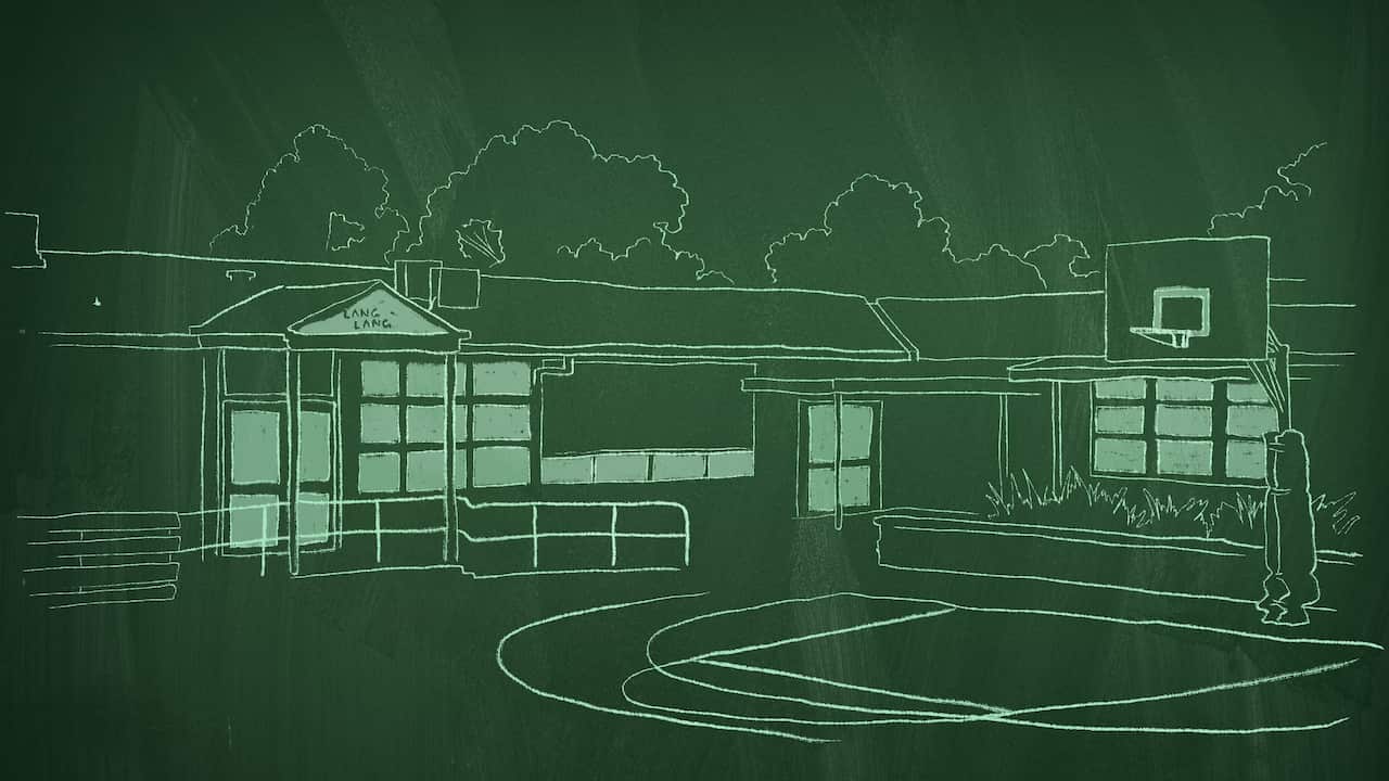 A stylised cartoon image of a basketball court in the courtyard of a school. 