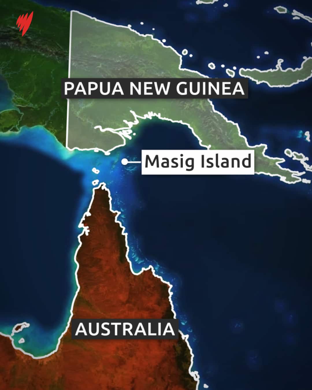 A map showing Masig Island's position between Papua New Guinea and Australia.
