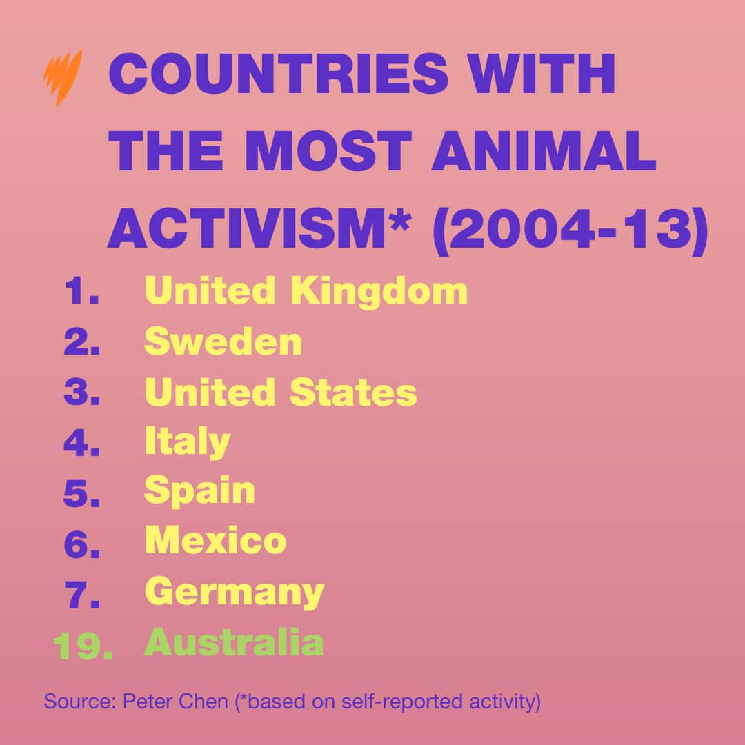 A chart showing the top 7 countries with the most self-reported animal activism, and Australia ranked 19th.